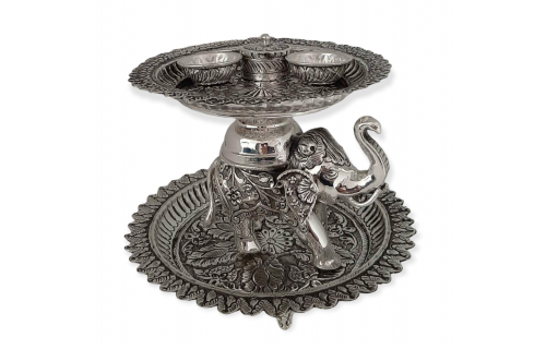 Silver Pooja Set Antique Nakshi with Elephant  5.5 inches